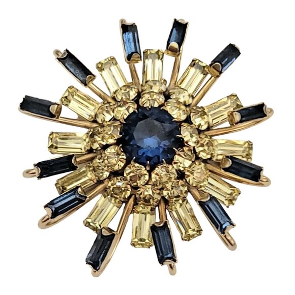 Kramer NY Gold Tone Blue Jonquil Prong Rhinestone Dimensional Starburst Pin K307 - Picture 1 of 14